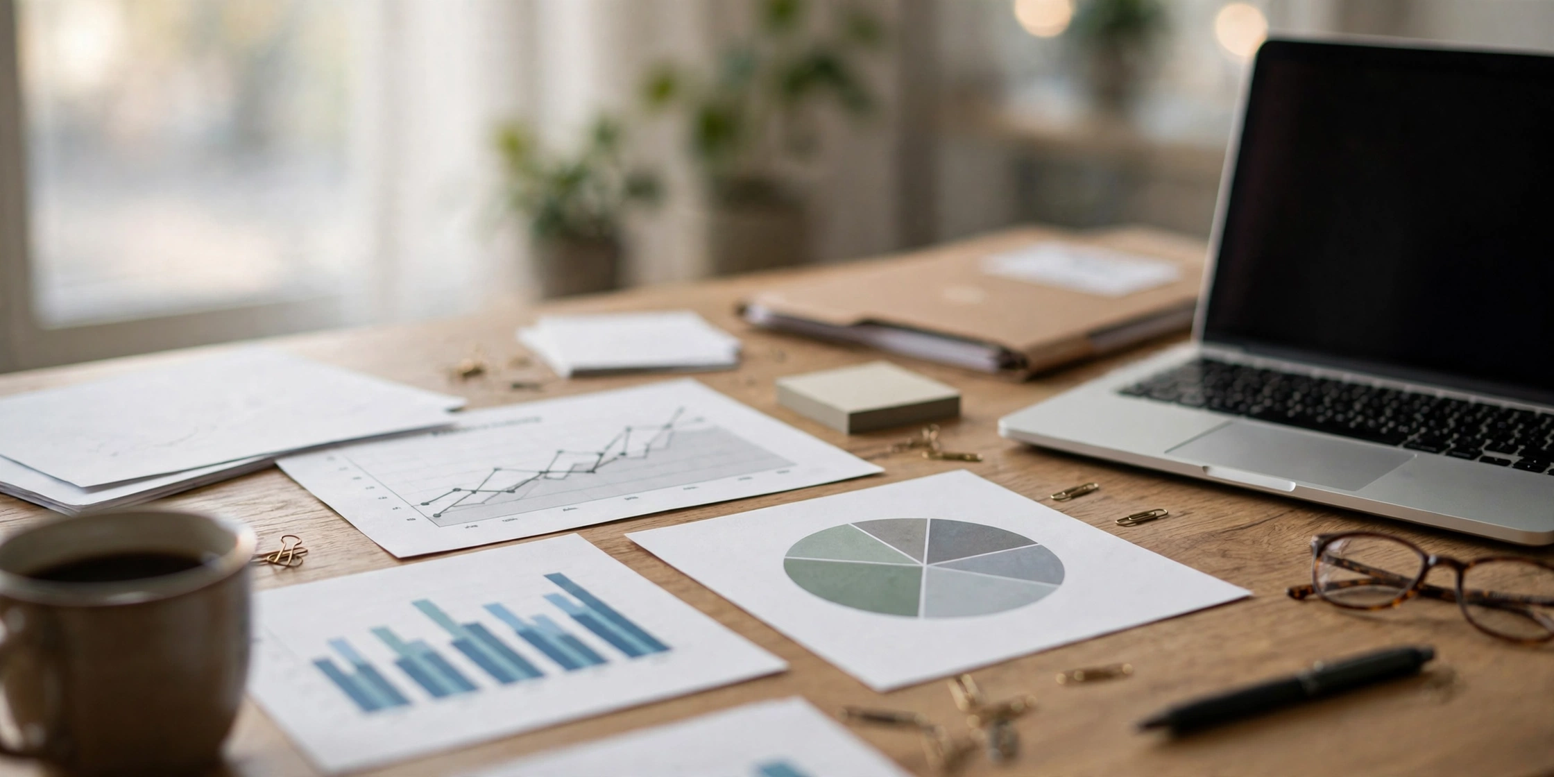 Business planning documents and growth charts on a desk