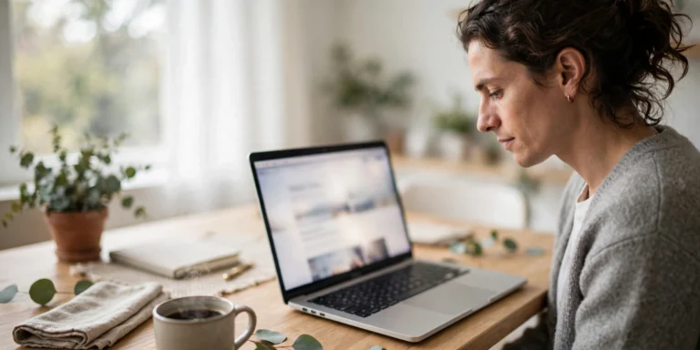Person reading a website on a laptop at a desk