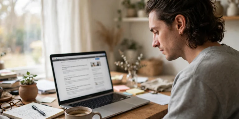 Person reading multi-topic blog articles on a laptop, representing Brumeblog Com content
