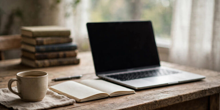 Writer editing text on a laptop with grammar guides, representing GrammarVista.com USA