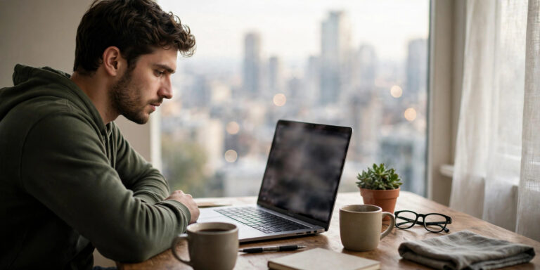 Person reading crypto education articles on a laptop, representing LessInvest.com crypto content