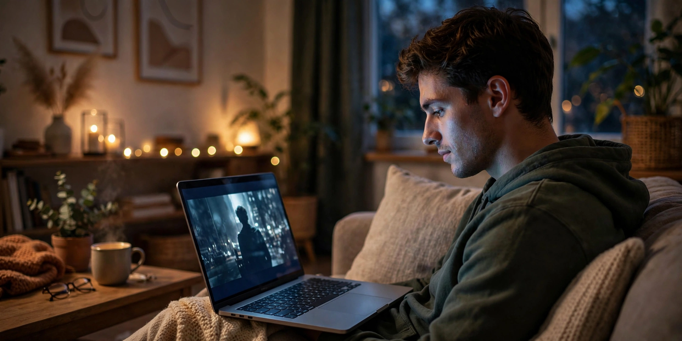 Person watching movies on a laptop at home, representing free streaming directory Movirz