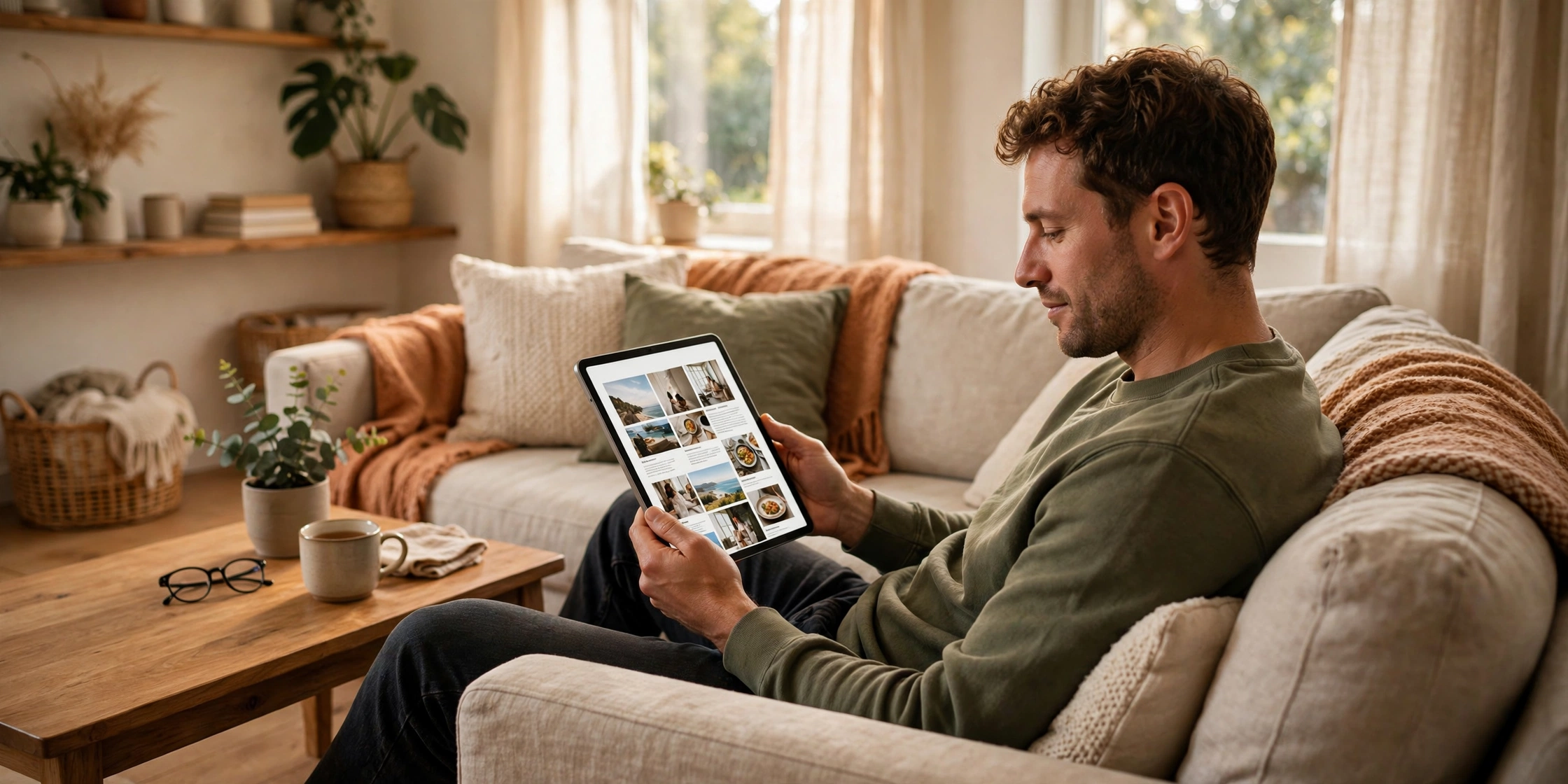 Person reading an online magazine on a tablet at home, representing Neworldsmagazine.com
