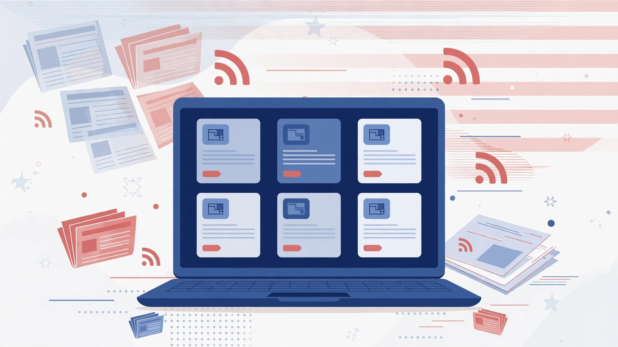 Illustration for a guide to TechNewsOutlets.com USA and the best US tech news outlets