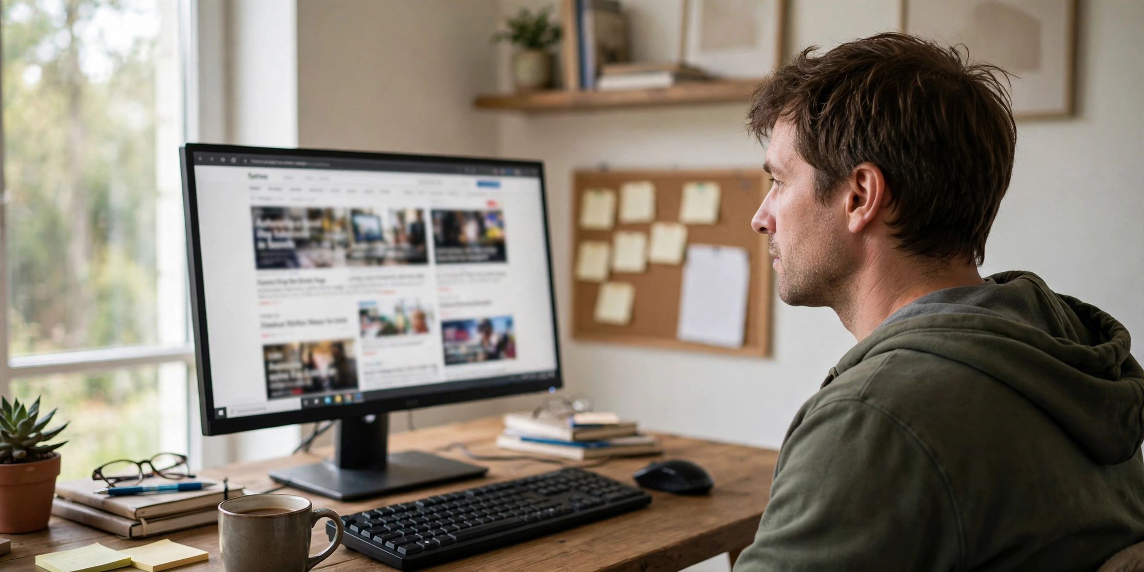 Person browsing technology news and articles on a desktop computer, representing TechTrendery.com