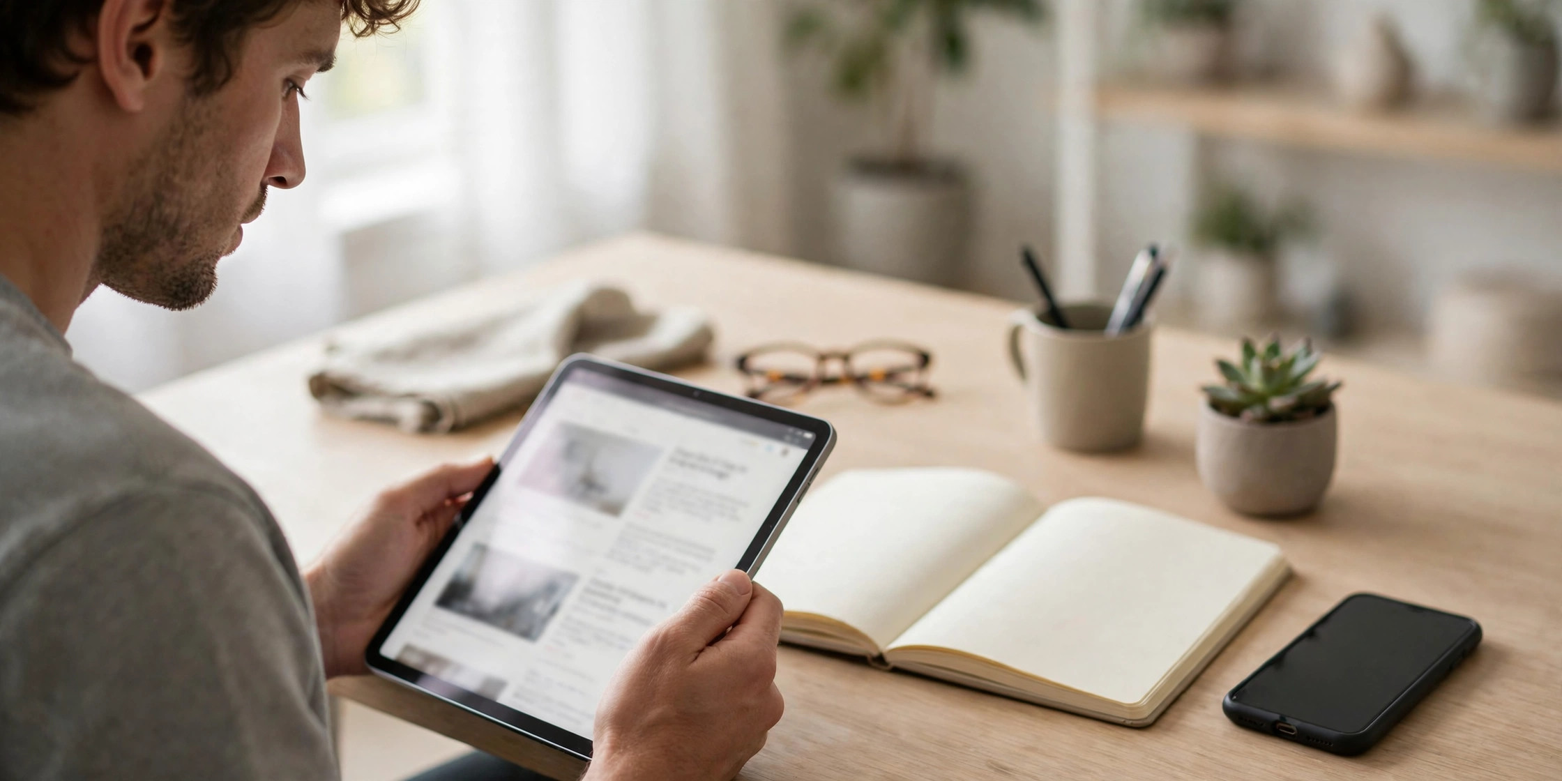 Person browsing technology articles on a tablet, representing Trupeek.com content