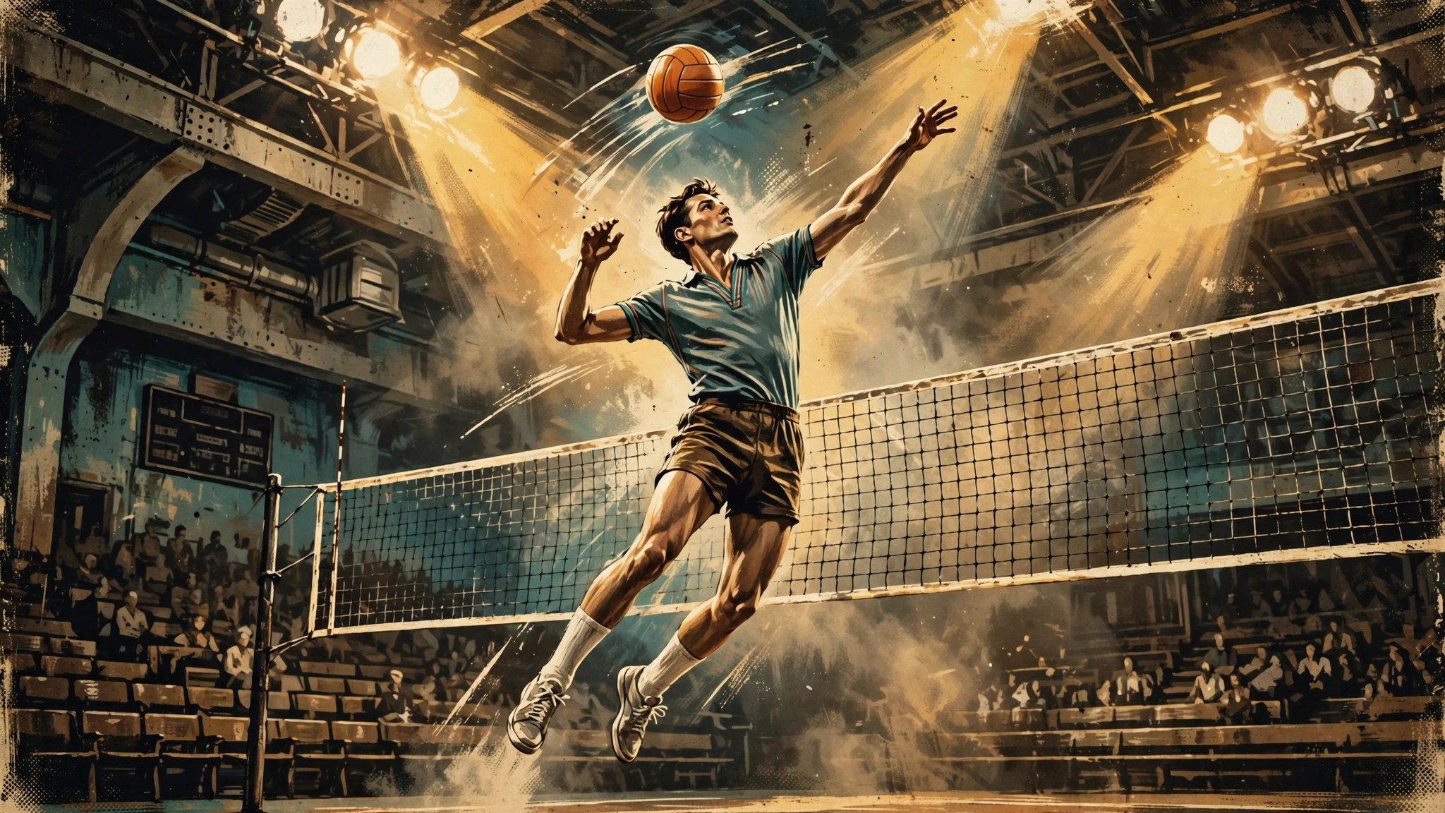 Illustration of a volleyball player leaping high above the net to spike the ball in a vintage-style arena, representing Alexander Savin's memoir The Flying Elephant