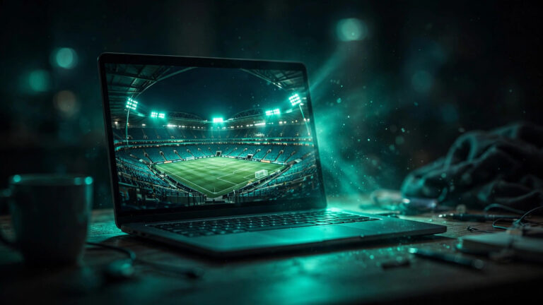 Illustration of a football stadium glowing on a laptop screen in a dark room, representing online soccer streaming