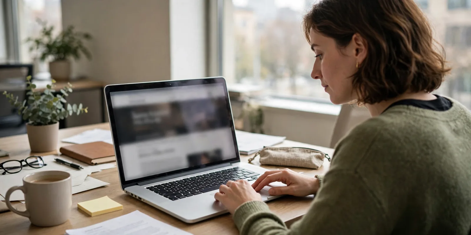 Person reading an online magazine article on a laptop at a desk