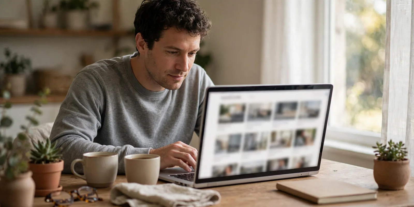 Person reading a multi-topic online magazine on a laptop