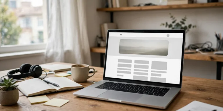 Web developer workspace with laptop showing a website homepage
