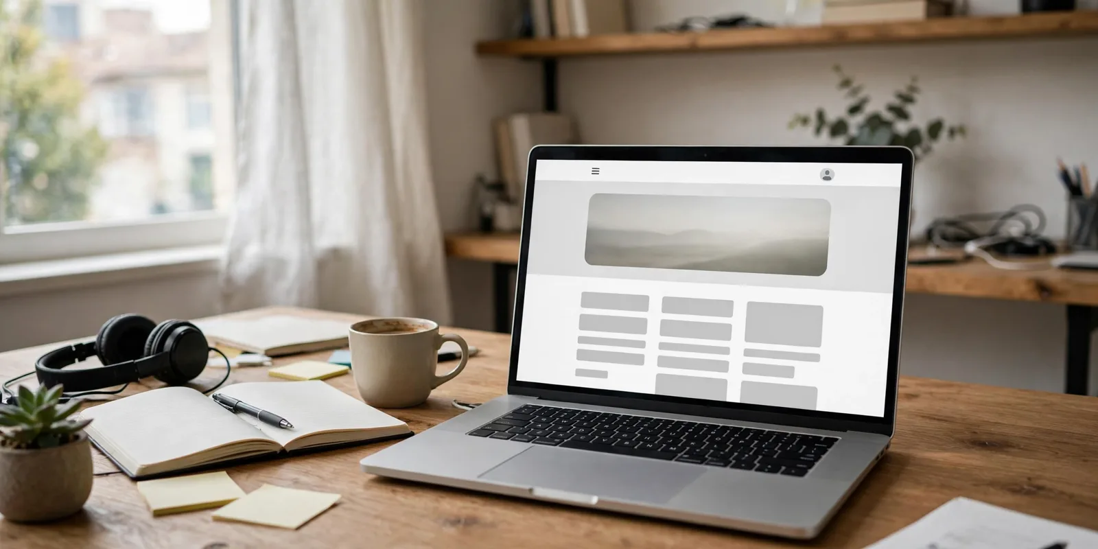Web developer workspace with laptop showing a website homepage